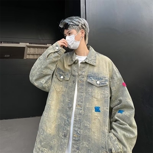 黄泥色牛仔外套男冬季做旧夹克美式hiphop复古潮牌上衣W6286-P76图片