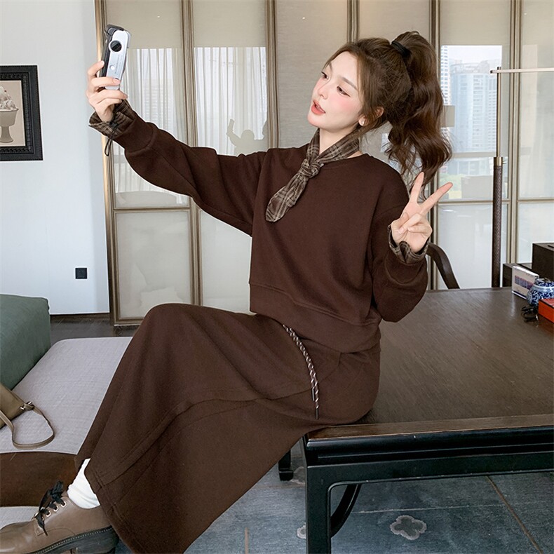 美拉德咖色卫衣半身裙两件套2025新款时尚休闲韩系高级感穿搭套装，女装套装/套裙，姿衣轩