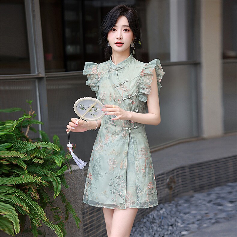 甜酷新中式女2025年夏季新款气质千金国风短裤温婉裙子,女装连衣裙,歌伊格美
