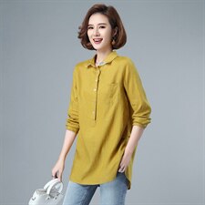 2021年秋季中长款亚麻衬衫女POLO领套头上衣衬衣拼接撞色透气衬衫，女装衬衫，伊满意