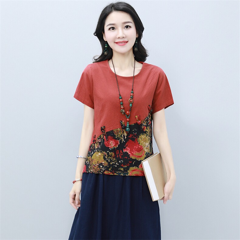 2021年夏季中长款圆领甜美气质创意图案潮流短袖花色拼接T恤,女装T恤,雪樱依海