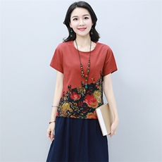 2021年夏季中长款圆领甜美气质创意图案潮流短袖花色拼接T恤，女装T恤，雪樱依海