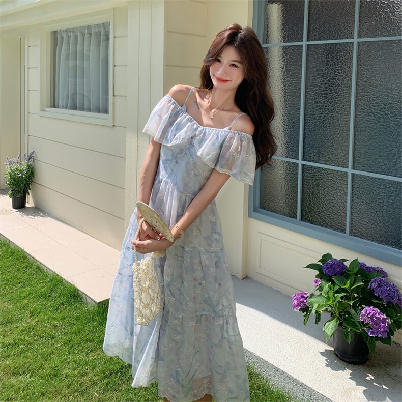 甜美碎花雪纺吊带连衣裙女夏季2025新款韩版拼接设计感时尚长裙子,女装连衣裙,2C087