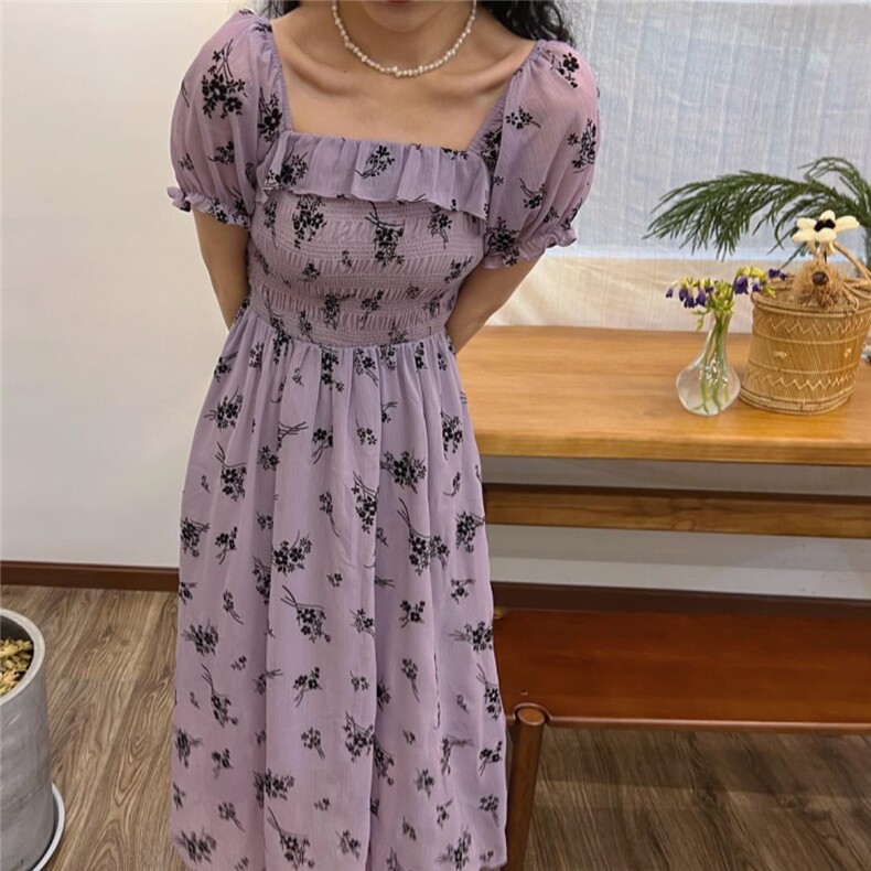 植绒印花薰衣草连衣裙，女装连衣裙，Mu Mu