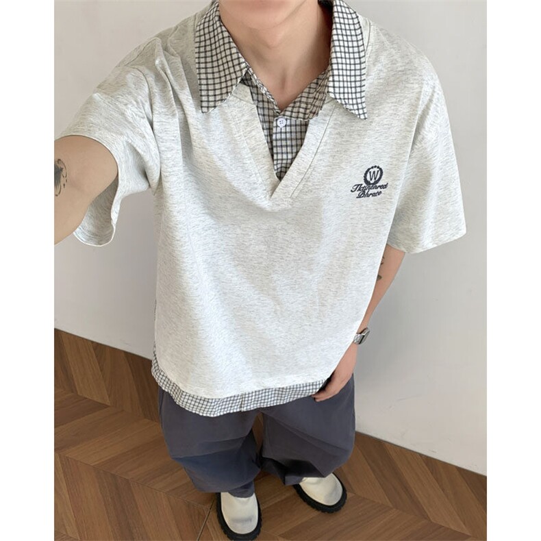 假两件短袖男格子拼接polo衫t恤翻领复古宽松休闲上衣,男装T恤,星座410-6（原星座1304-1）