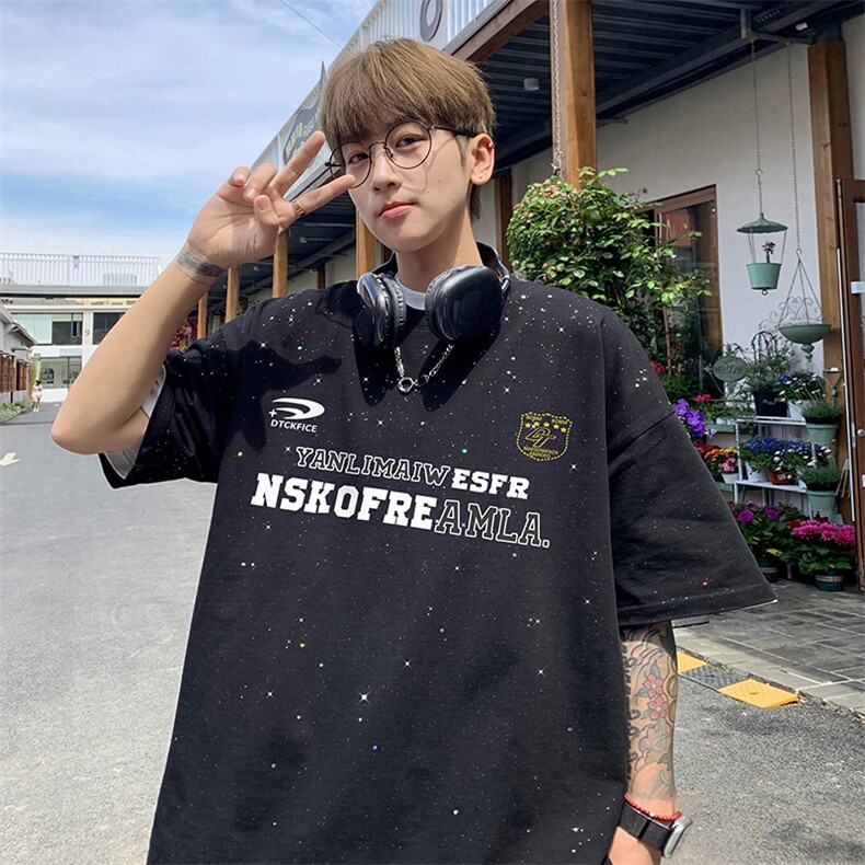量大优供抖音视频支持得物配合二开美式满天星亮片短袖T恤MTX378,男装T恤,电商A486