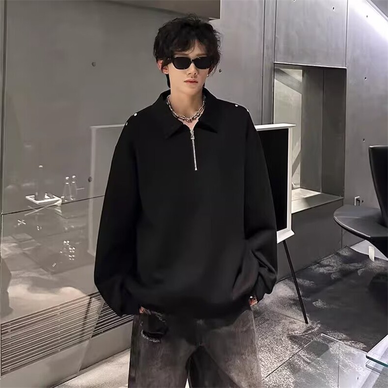 SM05-P42翻领卫衣男士春秋季潮流宽松百搭polo衫长袖t恤半拉链，男装Polo衫，电商B323A