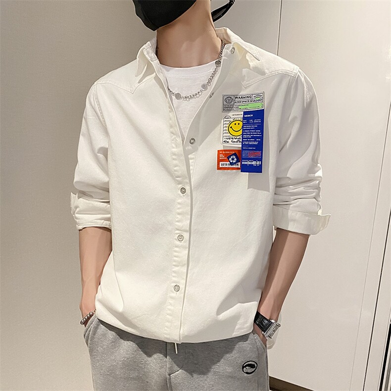 社会风秋纯色笑脸贴标宽松衬衫潮男B297-7701-P73控108,男装衬衫,电商B297