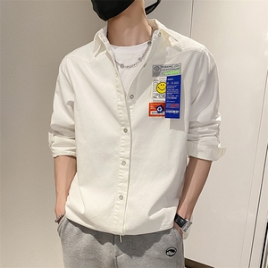 社会风秋纯色笑脸贴标宽松衬衫潮男B297-7701-P73控108图片