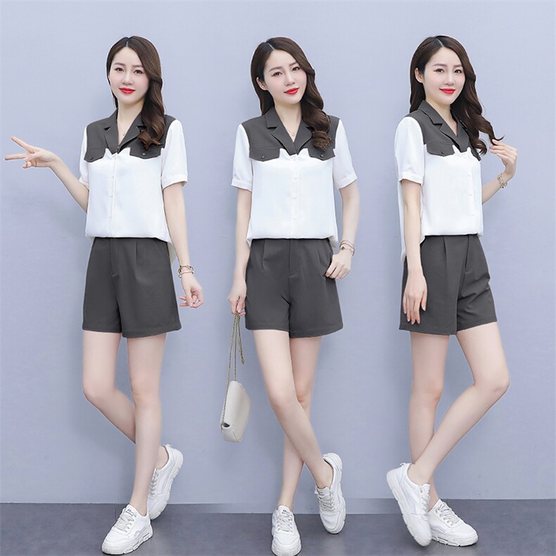 两件套2023夏季新款质感撞色拼接衬衫裤子套装女图片