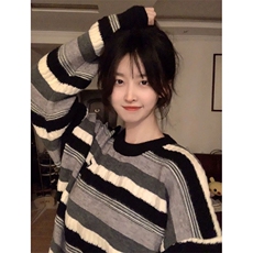 美式复古学院风条纹毛衣女秋冬日系慵懒风潮牌宽松软糯糯针织外套，男装针织衫/毛衣，星座506A