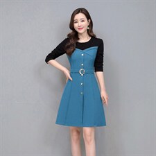 2021春季新款简约优雅气质圆领时尚撞色收腰显瘦连衣裙，女装连衣裙，江南富贵女
