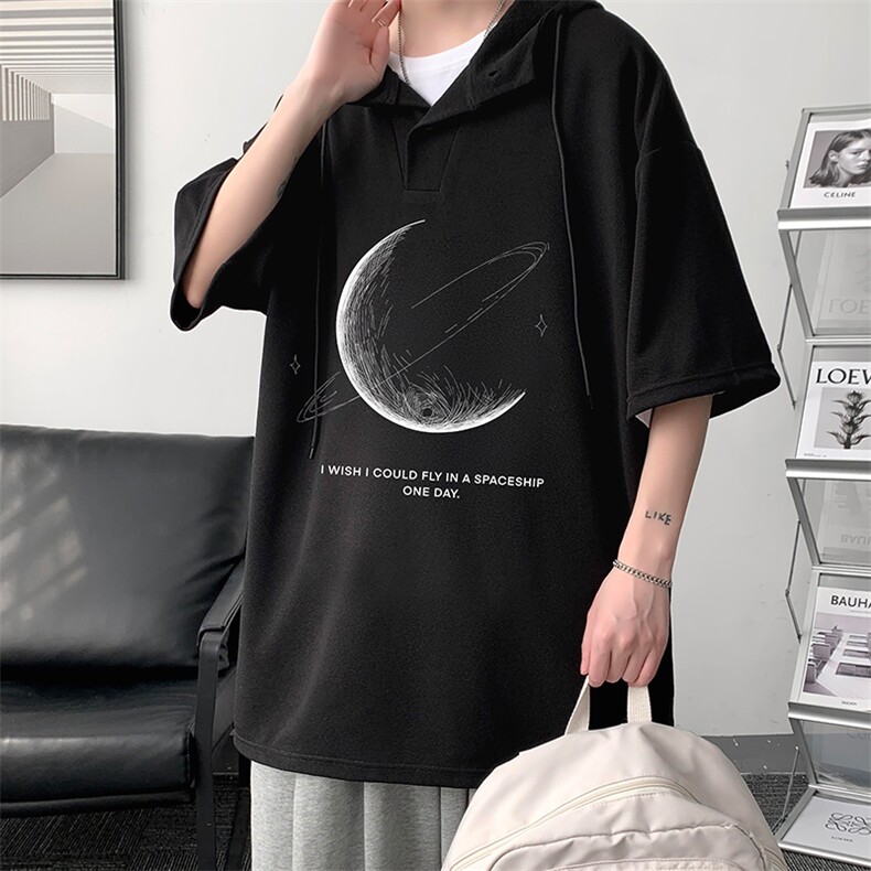 LD54246-P45月球连帽短袖t恤男大码胖子带帽五分袖中袖大皂风,男装T恤,电商A040