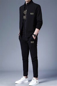 休闲运动套装男2023春秋季新款中年长袖卫衣时尚印花三件套图片