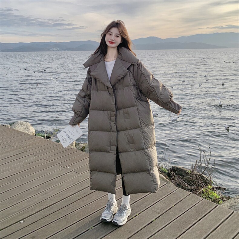 羽绒服女冬宽松过膝翻领长款2024冬新款白鸭绒复古外套高端设计感，女装羽绒服，帛香坊