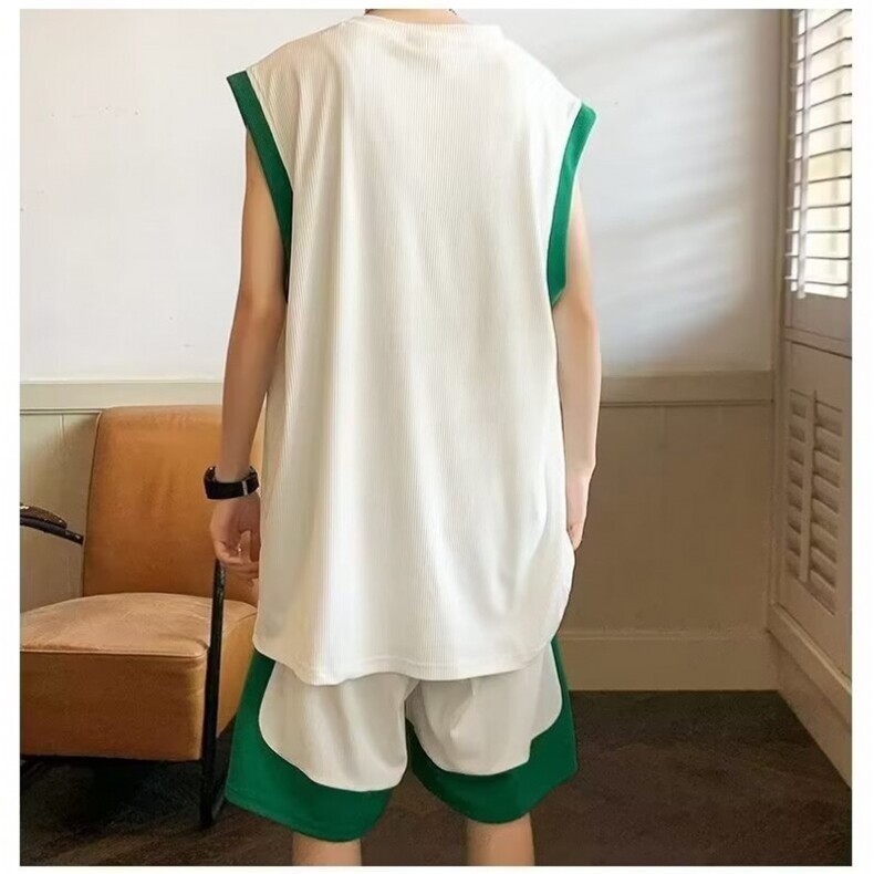 W331-P45冰丝运动套装2025夏季男生酷帅一套休闲短裤背心两件套,男装牛仔裤,星座911-1