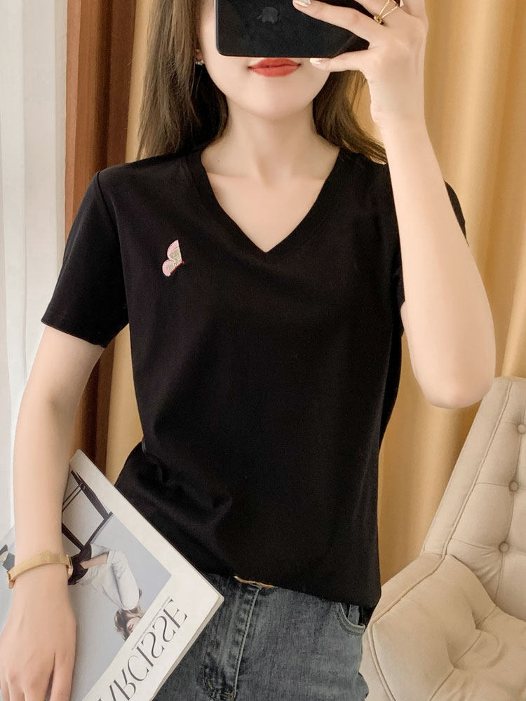 【刺绣款】80支新疆长绒棉丝光棉T恤女V领纯棉短袖纯色打底,女装T恤,元素羊绒