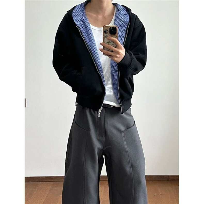 15061/JF-A2371/P63双面穿系格纹拉链卫衣短宽百搭开衫，男装卫衣，星座1506-1