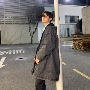 港风冬季加绒羊羔毛牛仔棉衣 中长款连帽棉服 情侣风衣MY98图片
