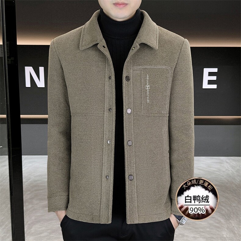 潮新款翻领帅气休闲毛呢大衣冬季保暖羽绒服外套白鸭绒防寒上衣，男装羽绒服，星座914