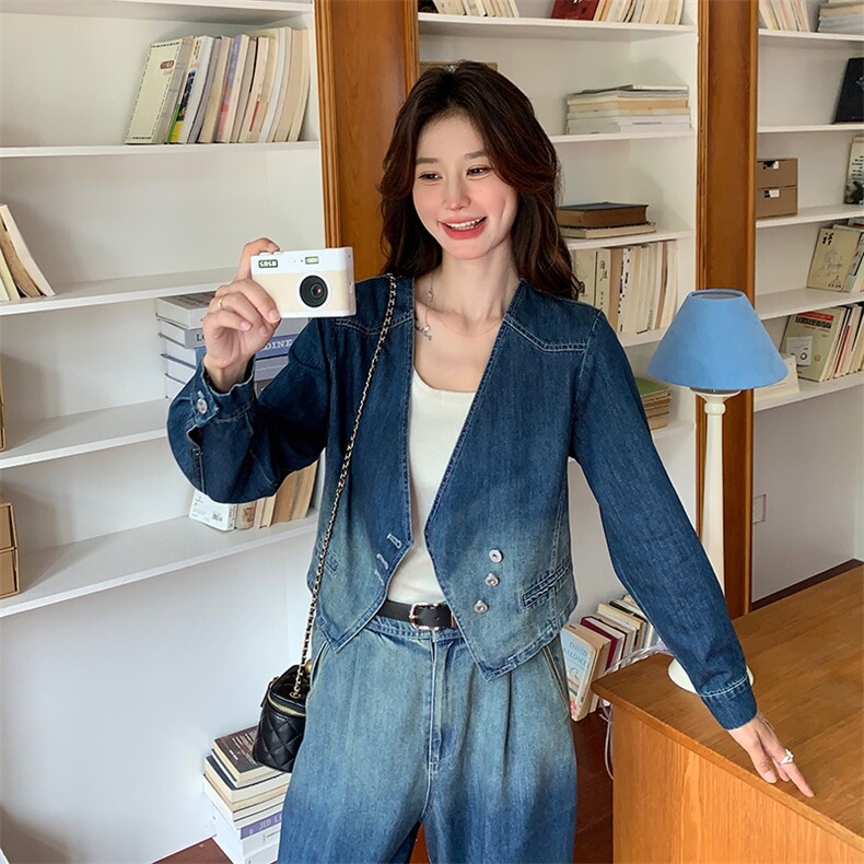 高端渐变色牛仔套装女装设计感小众高级感两件套,女装套装/套裙,2D076