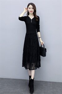 2023秋季新款V领针织3颗扣线衣配蕾丝长款打底连衣裙，女装连衣裙，安之芮娜