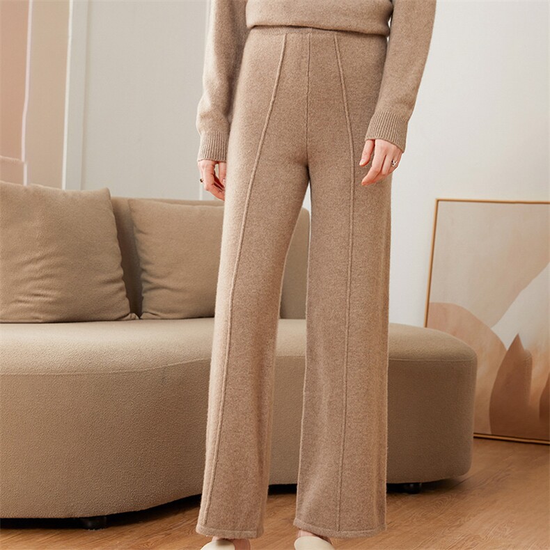 秋冬新款羊绒竖条纹高腰显瘦直筒休闲裤，女装休闲裤，恒爱羊绒