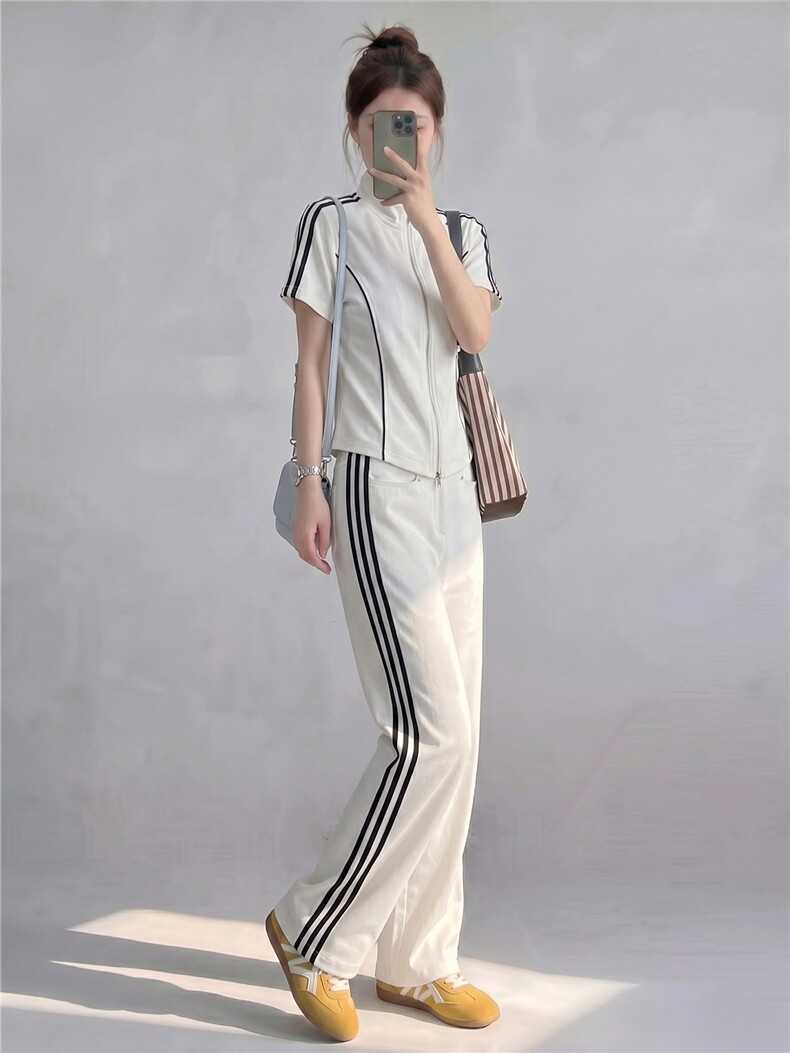 盐系高级感休闲运动时尚套装女夏季减龄开衫短袖上衣阔腿裤两件套,女装套装/套裙,江南
