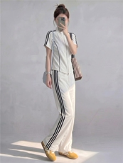 盐系高级感休闲运动时尚套装女夏季减龄开衫短袖上衣阔腿裤两件套，女装套装/套裙，江南