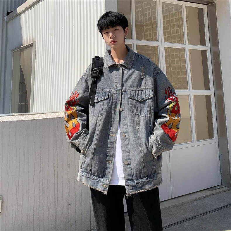 秋季潮牌破洞刺绣宽松男嘻哈牛仔夹克慵懒风原宿风高级感bf港风潮，男装夹克，四季星座505