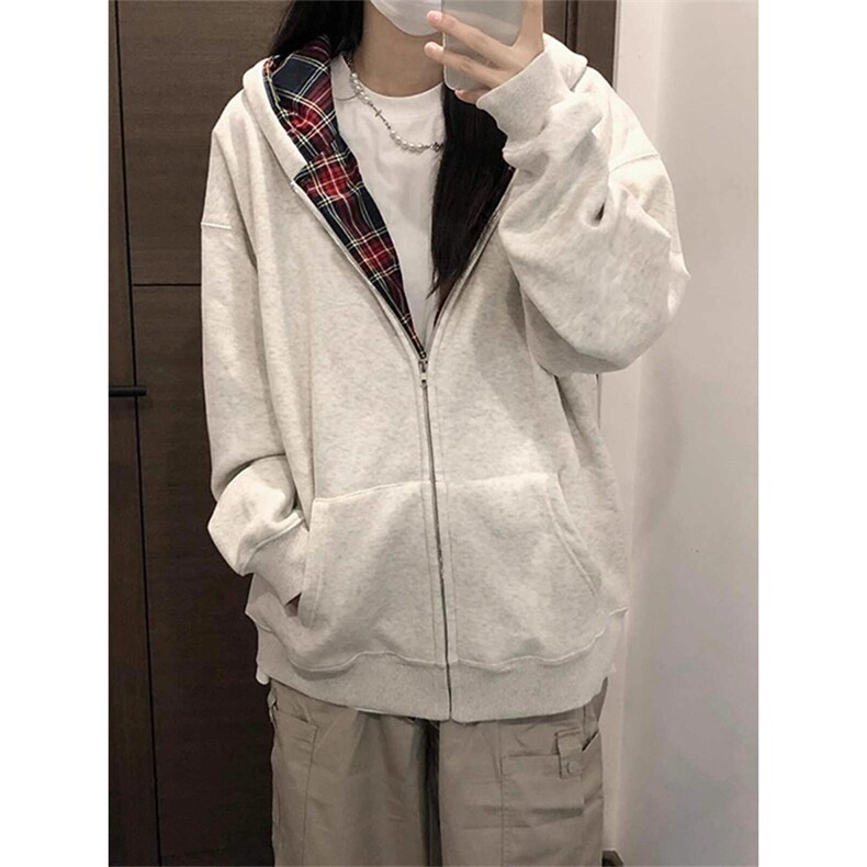 美式复古格子连帽卫衣外套宽松慵懒风开衫上衣513AKS2734特P38,女装短外套,星座513A