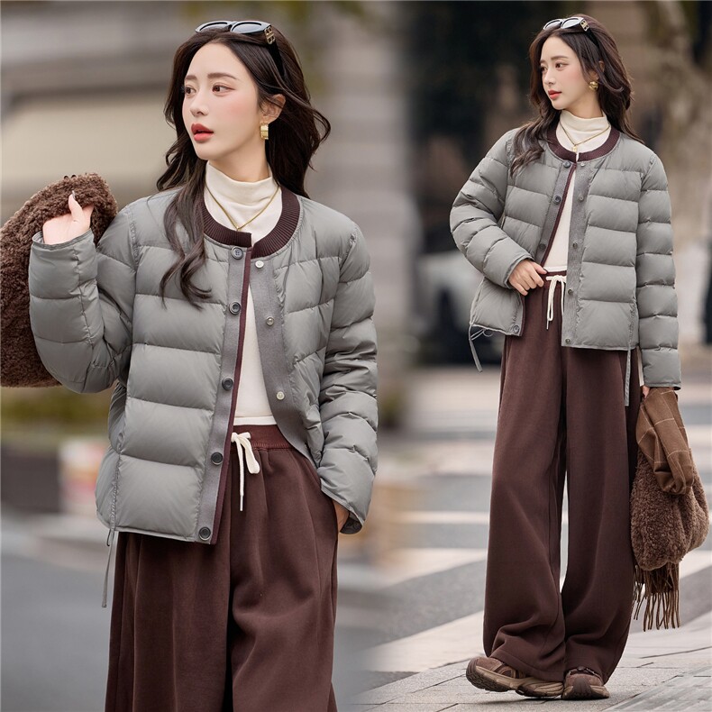 2025冬季新款宽松撞色针织拼接圆领洋气短款羽绒服,女装羽绒服,深水步