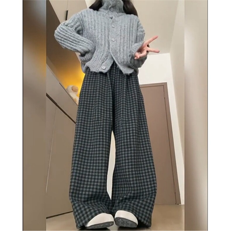 AK2482-P50日系慵懒阔腿毛呢格子裤女秋冬显瘦垂感直筒裤高腰休闲,女装休闲裤,星座617A-2
