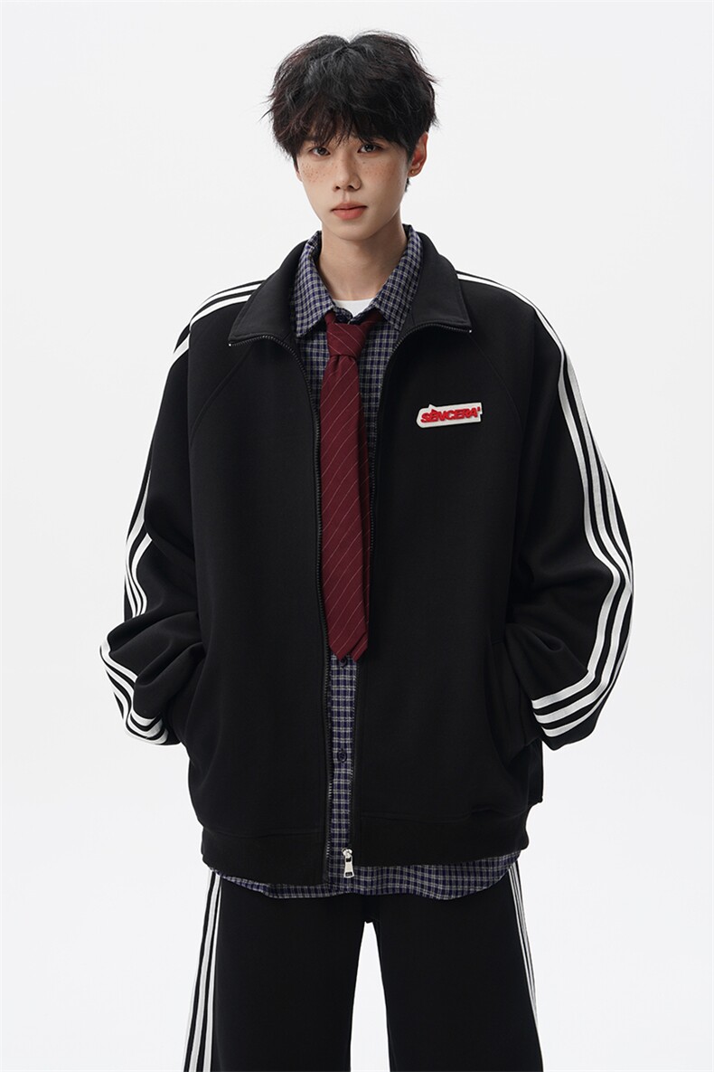 8XL-M条纹撞色开衫新年红卫衣运动套装潮牌运动服校园风TZ114P118,男装休闲套装,电商D206-1
