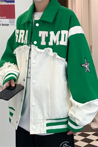 美式潮牌设计感小众拼接毛呢牛仔外套男秋冬潮流情侣慵懒风棒球服图片
