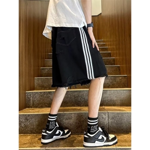 破洞牛仔短裤男夏季美式复古三条杠裤子设计感小众潮牌宽松大裤衩图片