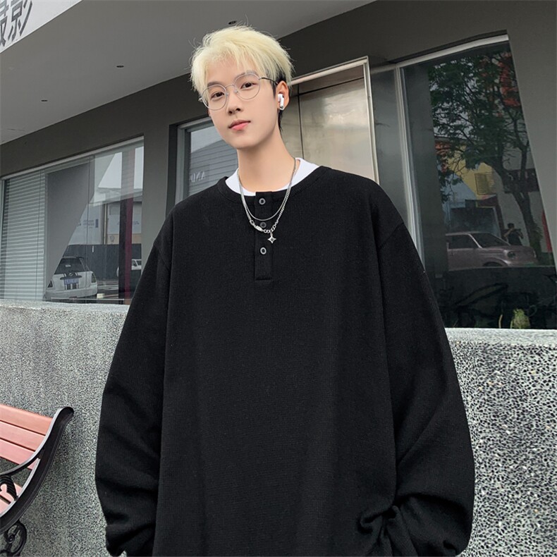 华夫格长袖T恤男春秋季2024新款美式复古慵懒设计感宽松大码卫衣，男装T恤，电商A022