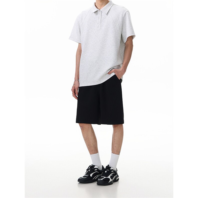 黑色美式短袖polo衫男款夏季高级感痞帅成熟稳重男装重磅正肩t恤,男装休闲套装,电商A003