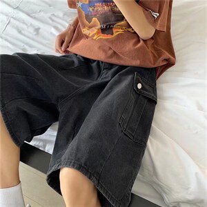 港风阔腿牛仔短裤日系复古大口袋五分裤休闲宽松中裤 K3281-P38图片