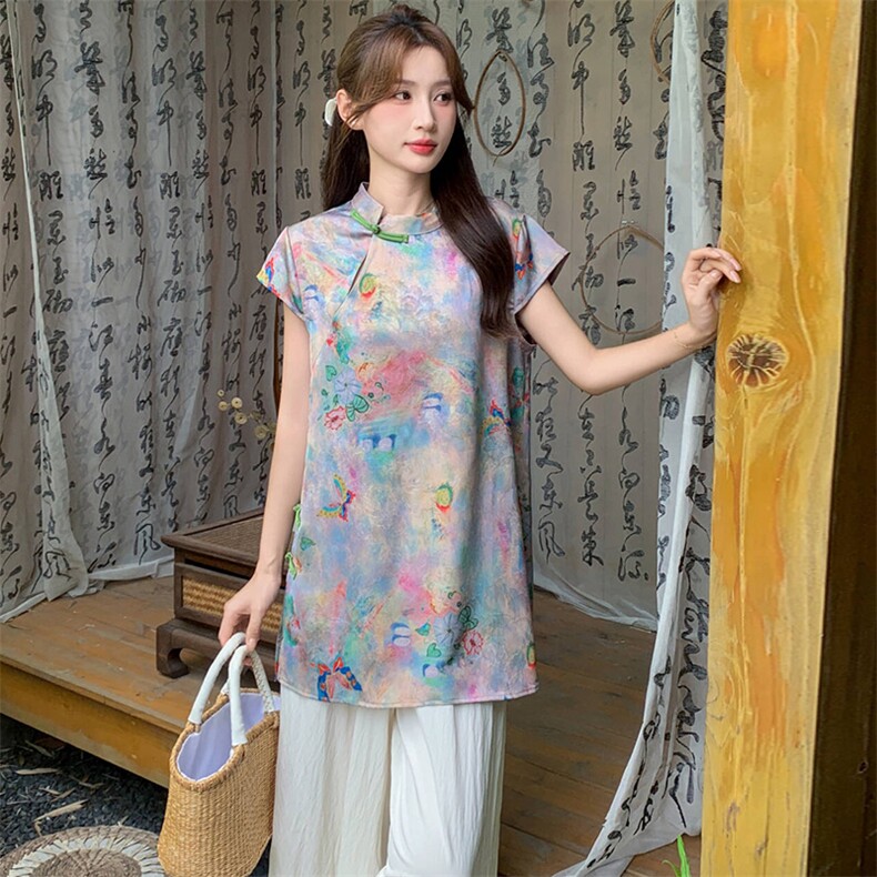 新中式g风套装女2026夏季流行复古印花盘扣旗袍上衣阔腿裤两件套，女装套装/套裙，心心服饰