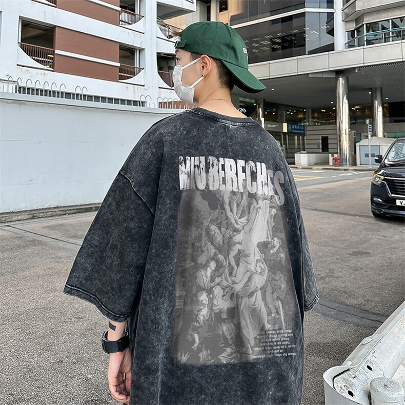 B239-1181-P38抽象个性印花美式复古水洗做旧落肩袖短袖T恤,男装T恤,星座514-2(原B239)