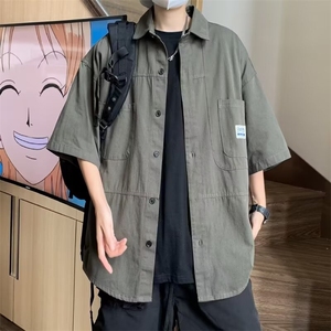 日系复古工装纯棉短袖衬衫男夏季薄款宽松男生半袖衬衣外套