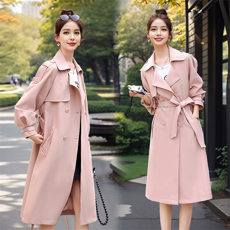 2024年春季时尚气质腰带收腰显瘦韩版肩章中长款风衣外套，女装风衣，流量+