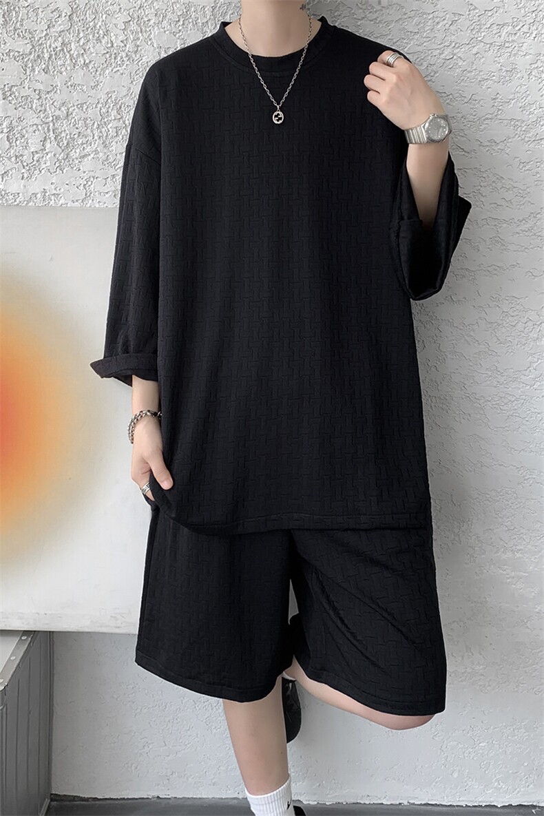 8XL-M高级感纹理短袖套装男夏季慵懒风T恤短裤两件套TZ108P78,男装牛仔裤,电商D206-1