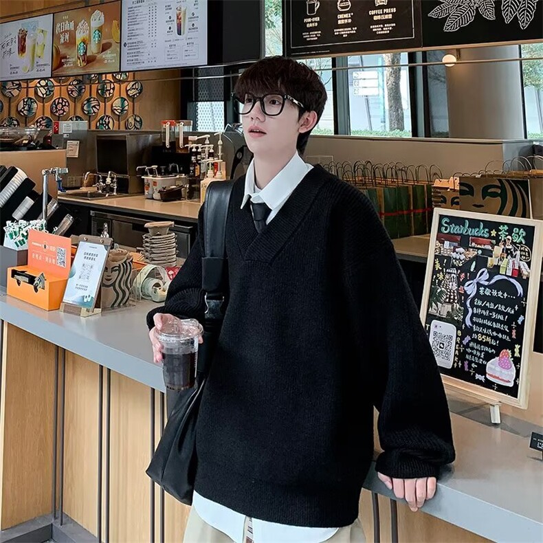 新款港风加厚内搭慵懒风纯色大V领针织衫上衣毛衣外套V29-P48，男装针织衫/毛衣，电商B245