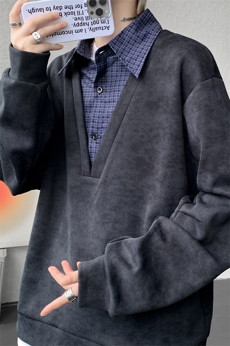 秋冬氛围感高街假两件卫衣经典格子假两件卫衣秋冬流行单品P55,男装卫衣,电商B319