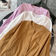女款春季时尚休闲新款百搭单排扣圆领宽松显瘦纯色长袖灯笼上衣潮，女装衬衫，江南