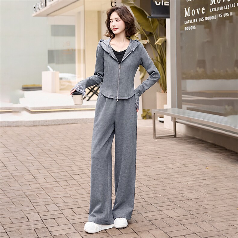 洋气运动套装2024秋装新款女装修身显瘦连帽卫衣外套阔腿裤两件套,女装套装/套裙,依如秀(原杭风阁)