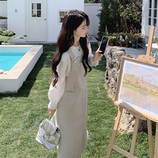 韩系减龄背带连衣裙套装女2025春新款高级感气质显瘦吊带裙两件套，女装套装/套裙，慧尚依恋