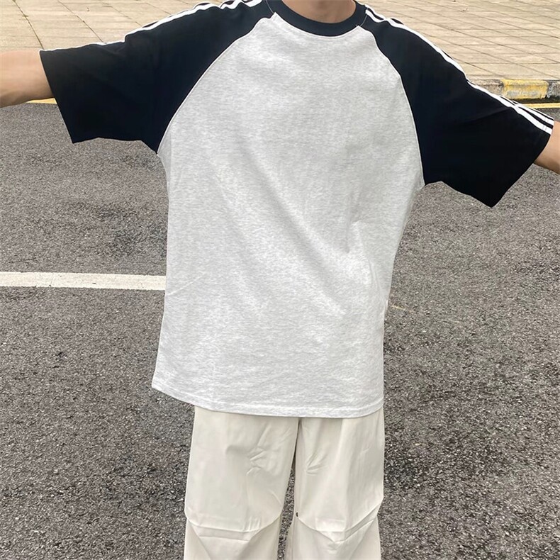 抖音得物品质二开240克宽松纯棉美式潮牌插肩三杠织带短袖T恤,男装T恤,电商A486